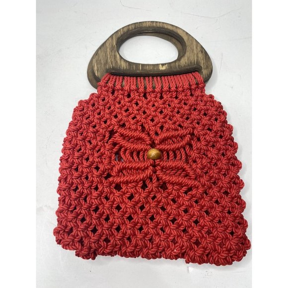 Vintage Macrame Purse Woven Wooden Handle Handbag Handmade Red Unique Boho - Picture 2 of 5